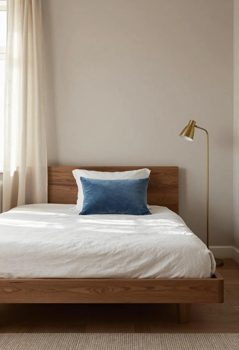 Walnut platform bed with a cool blue velvet accent pillow in Scandinavian morning light
