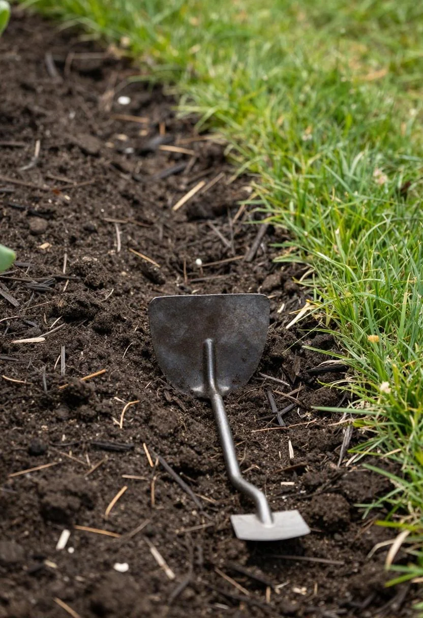 Steel edging spade cutting a crisp border between mulch and lawn in morning light