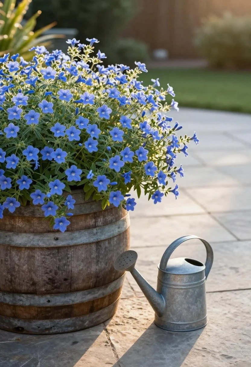 Weathered oak half barrel overflowing with cool blue lobelia on a sun-drenched stone patio corner