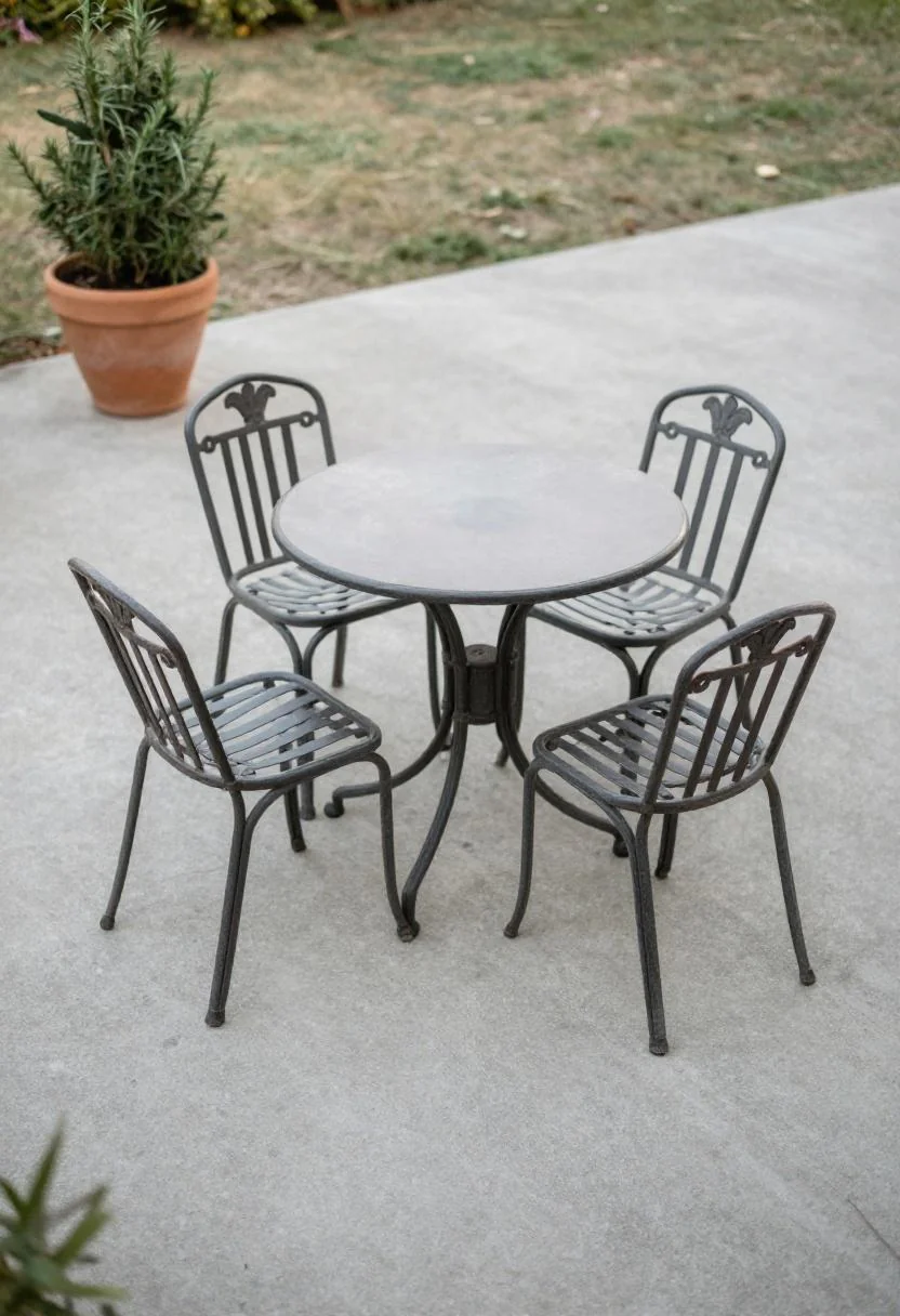 Minimalist concrete patio with wrought-iron bistro set and rosemary in terracotta pot in morning light