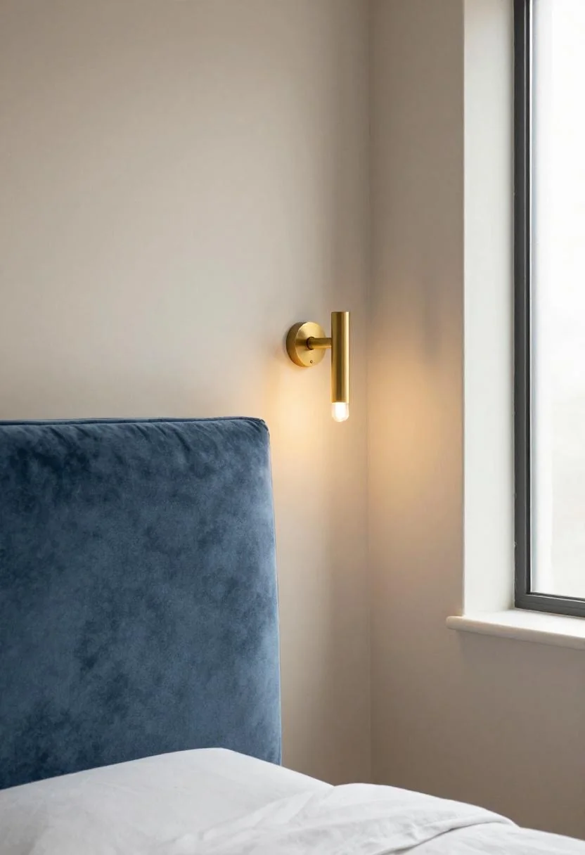 Cool blue velvet headboard with brass accent lighting in a luxe master suite