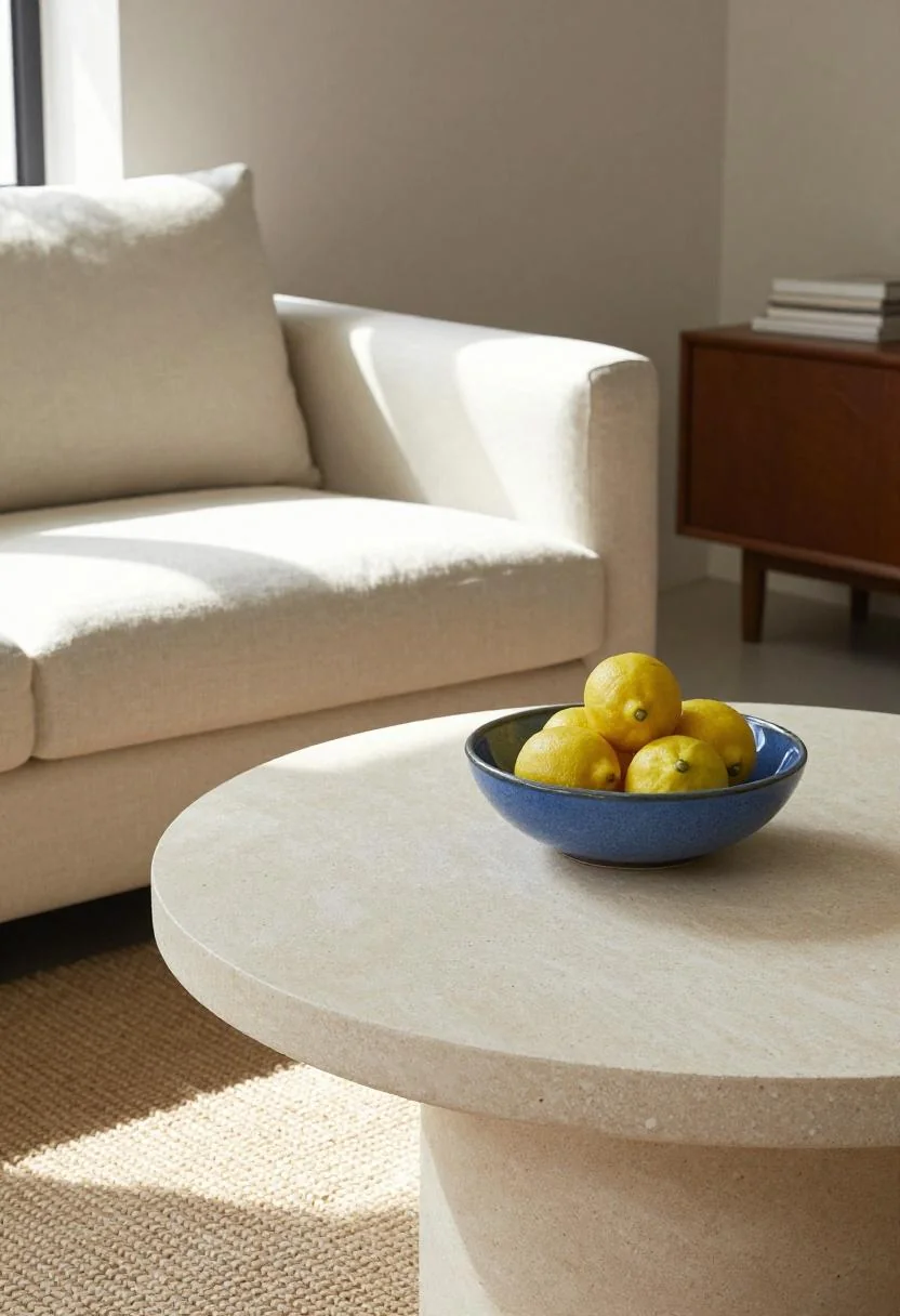 Cool blue ceramic bowl on a travertine coffee table styled for an Italian summer gathering