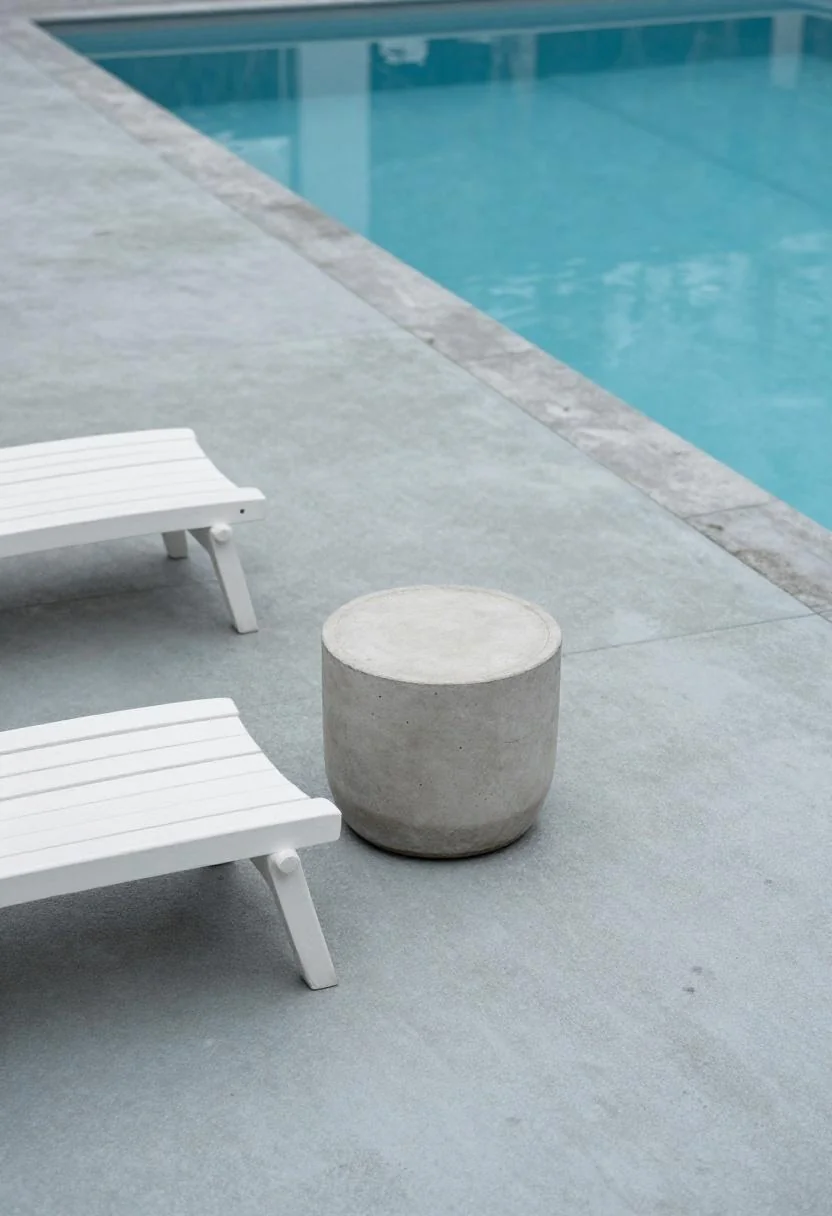 Cool blue painted concrete deck with cedar loungers and concrete side table in midday shade