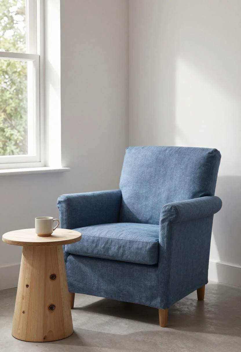 Cool blue linen armchair beside a birch side table in calm, clear morning light