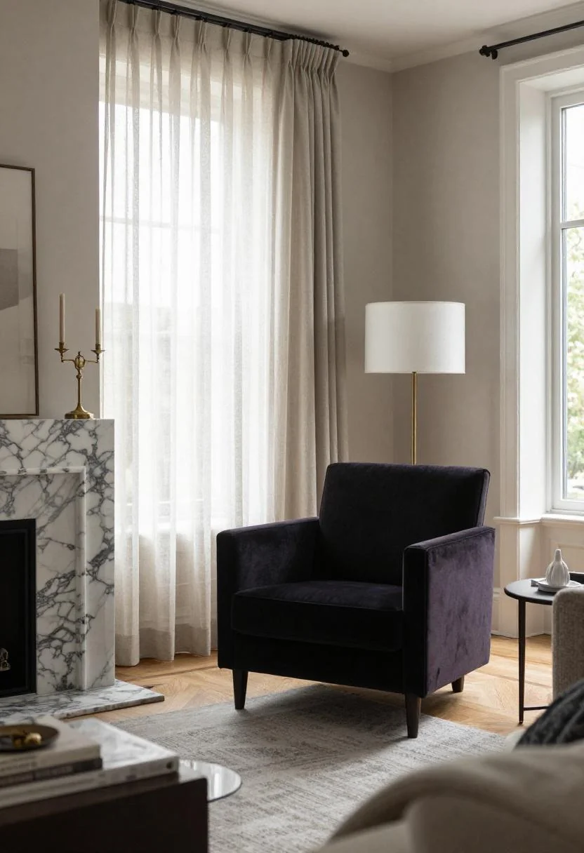 Plum velvet armchair facing a marble fireplace under soft overcast daylight