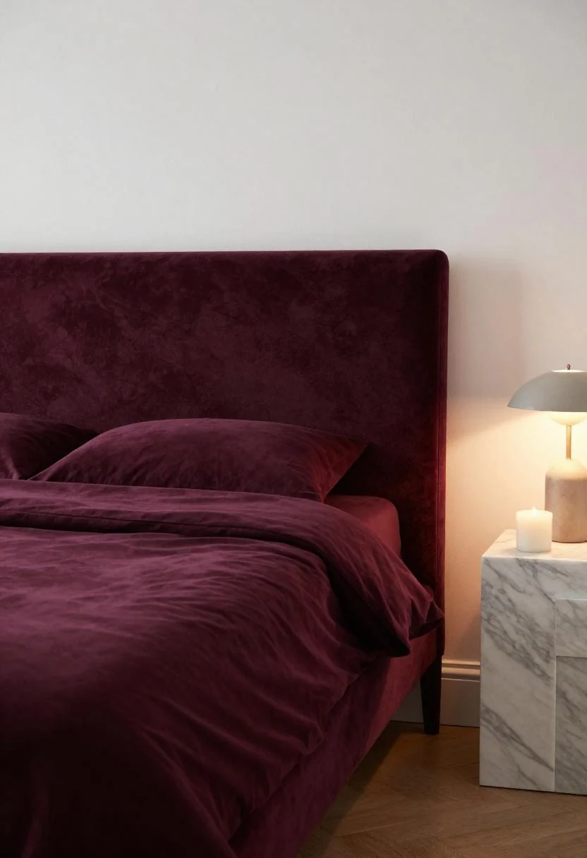 Plum noir velvet upholstered bed with marble nightstand in evening lamp light