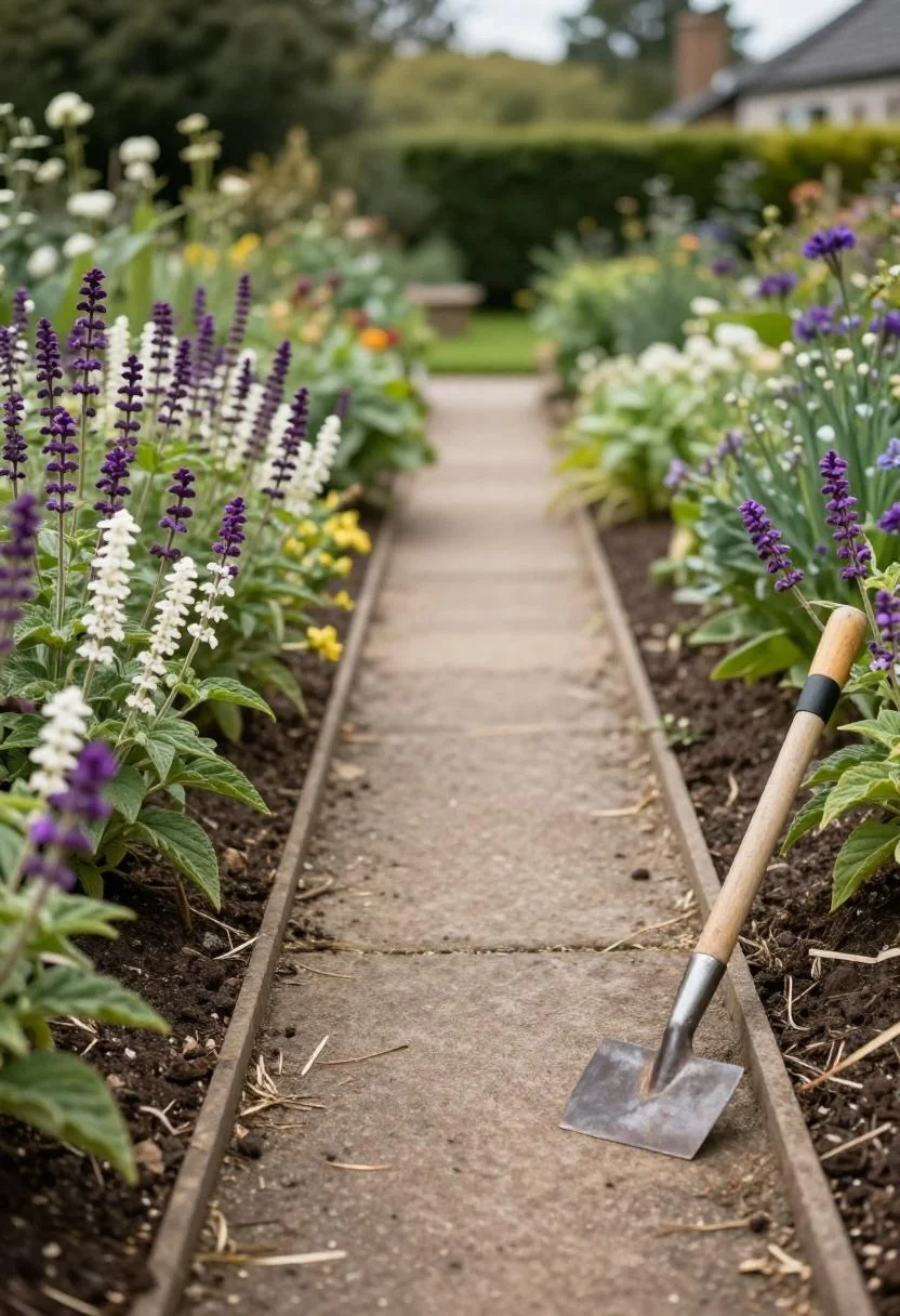 Freshly edged cottage garden path with plum salvia lining the border