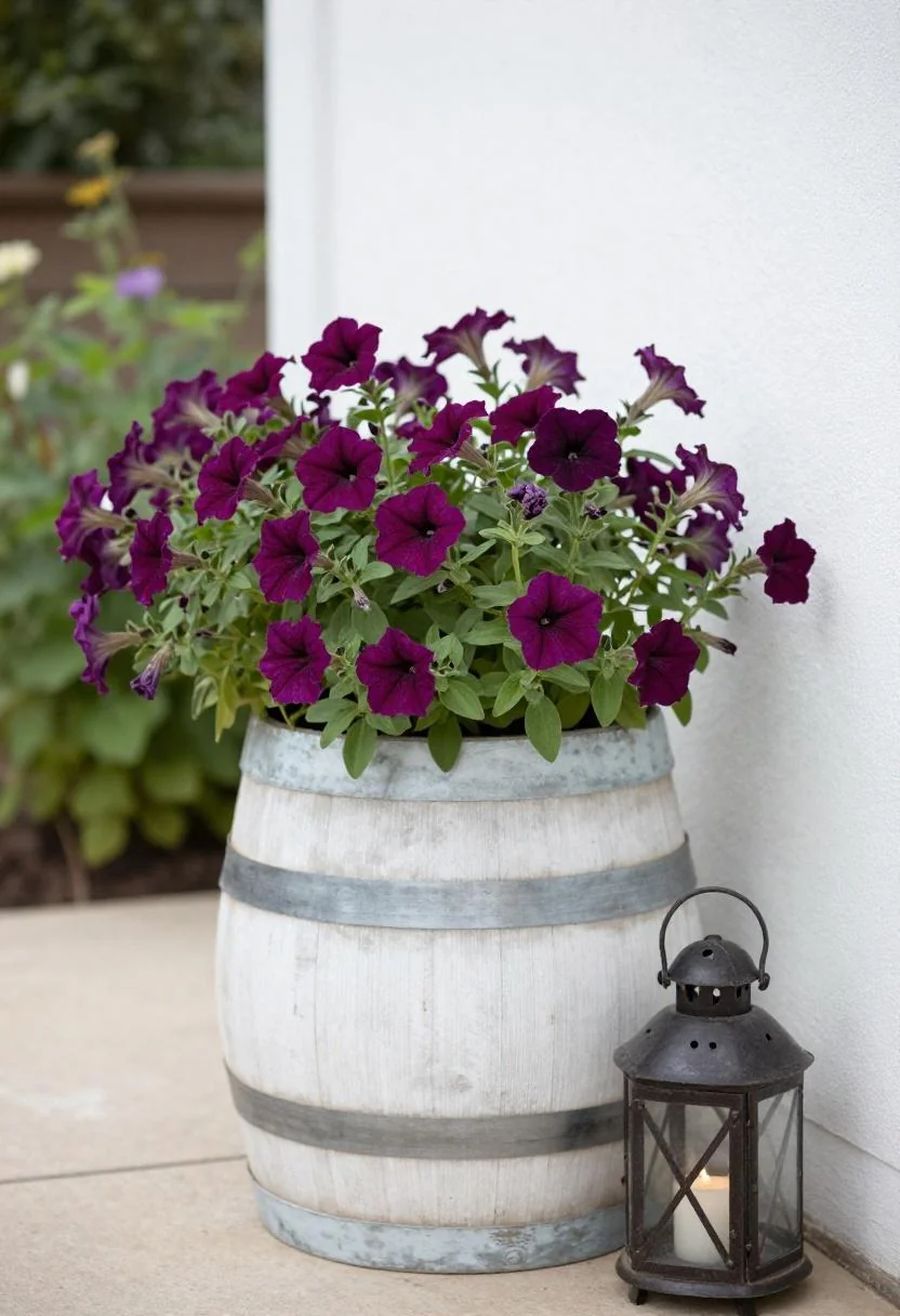 Deep plum petunias cascading from a cedar half barrel against a whitewashed garden wall