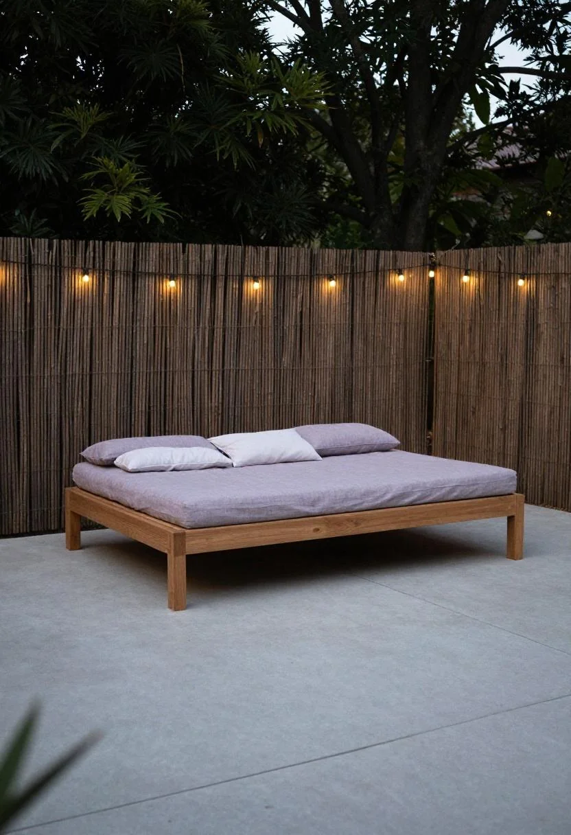 Teak daybed with plum cushions on a concrete patio under warm string lights at dusk