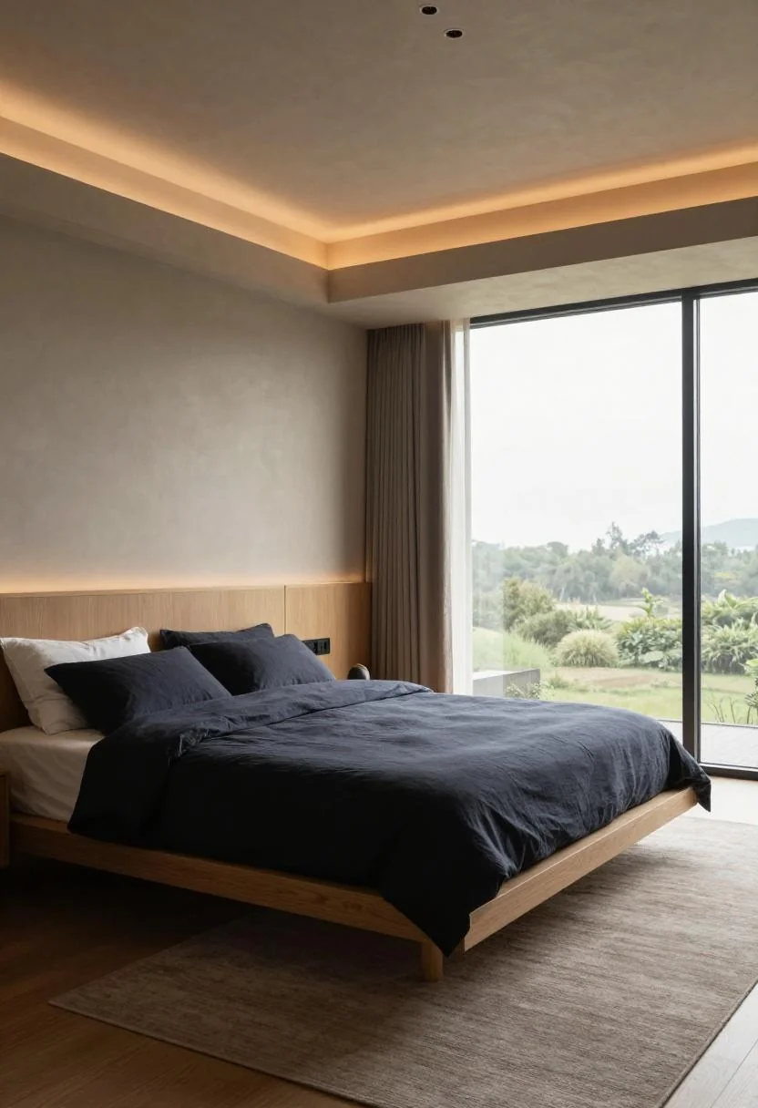 Plum noir linen bedding on an oak platform bed in a light-filled master suite