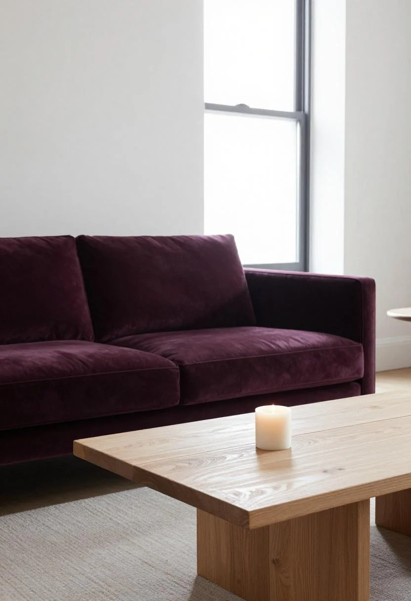 Plum noir velvet sofa anchors a calm party-ready Italian-inspired living room