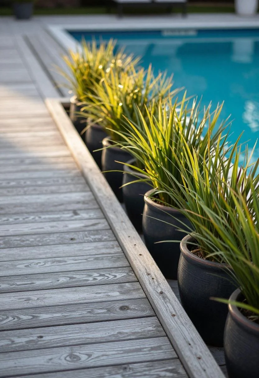 Plum ceramic planters with ornamental grasses along a grey composite pool deck at golden hour