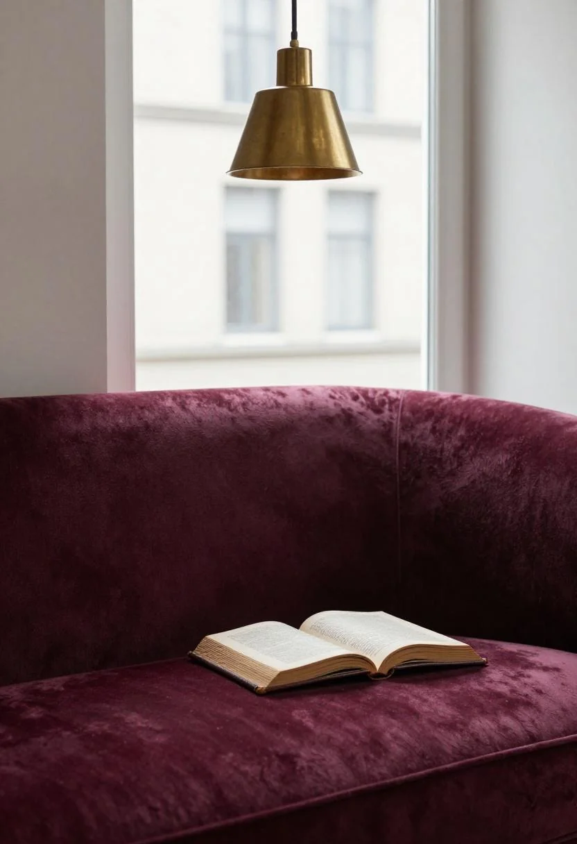 Plum noir velvet chaise longue beneath a warm brass pendant light in a moody sitting room