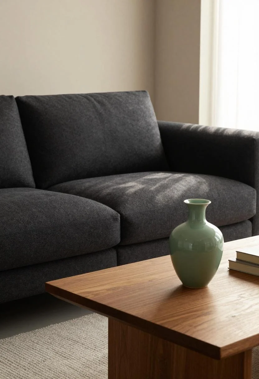 Charcoal wool sofa with a jade ceramic vase catching golden hour light