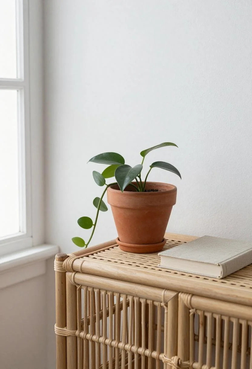 Rattan nightstand with a jade green trailing plant in diffused overcast light