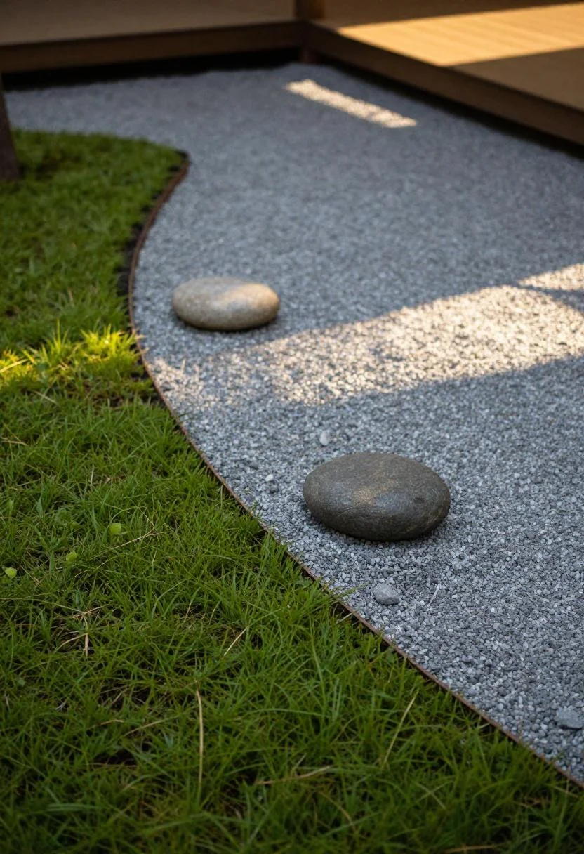 Bamboo edging strip dividing lush mondo grass from raked gravel in a zen garden corner