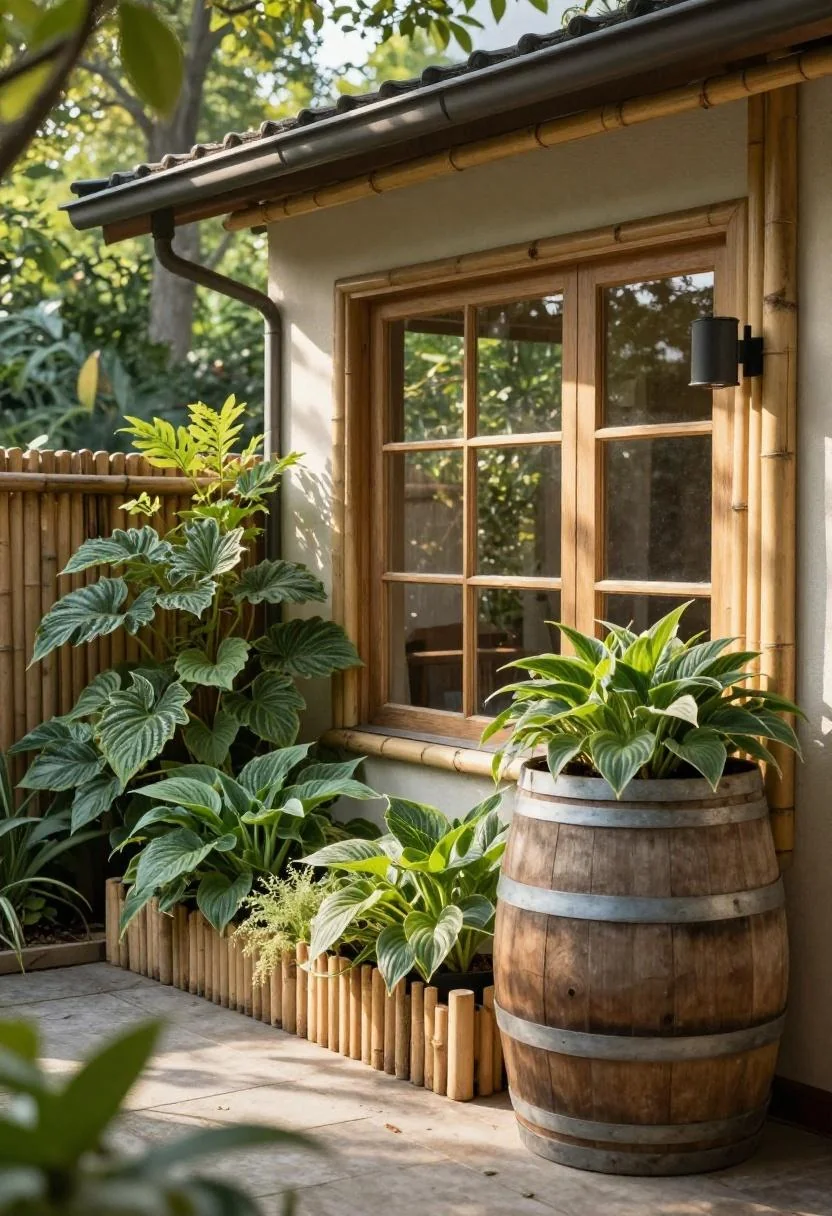 Lush jade green hostas filling a reclaimed oak half barrel on a bamboo-fenced balcony corner