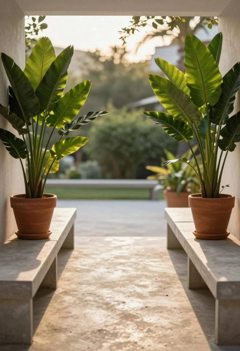 Concrete bench flanked by jade elephant ear planters on a Mediterranean patio at golden hour