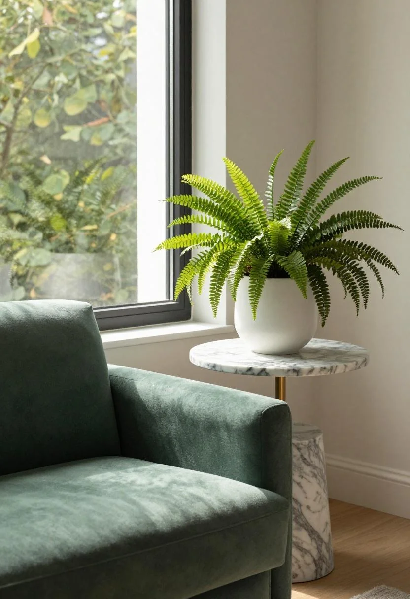 Jade green bouclé chair and trailing fern in a lush master suite retreat corner