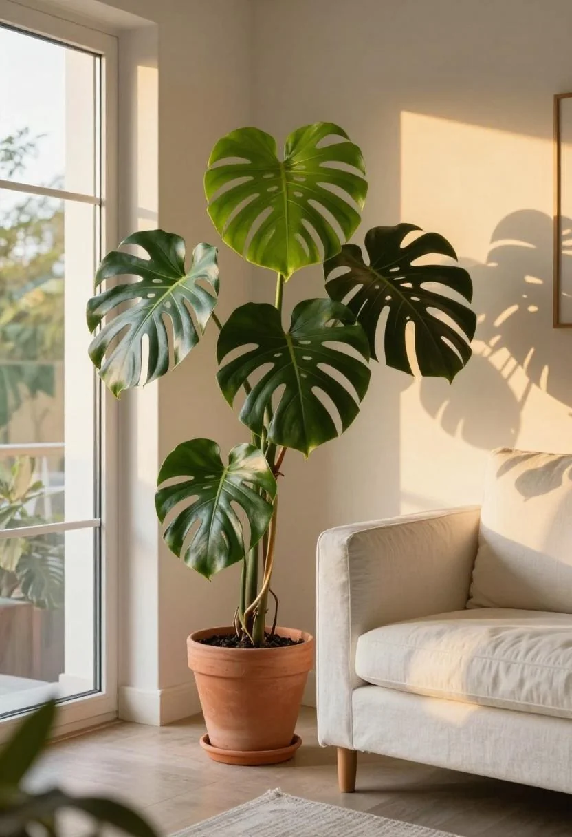 Jade green terracotta planter brings lush Italian summer energy to a sunlit living room corner