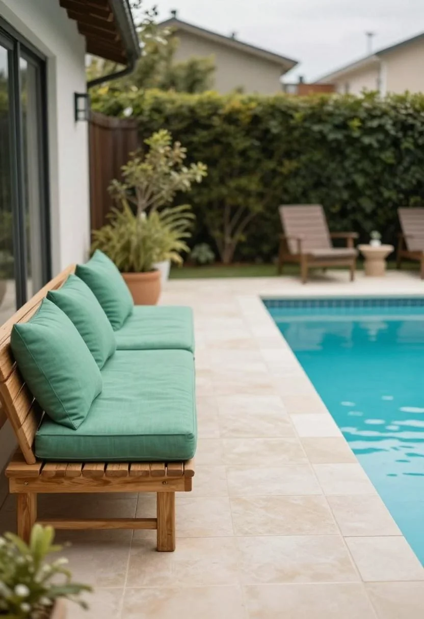 Jade linen cushions on a pine bench beside an open pool walkway in soft overcast light
