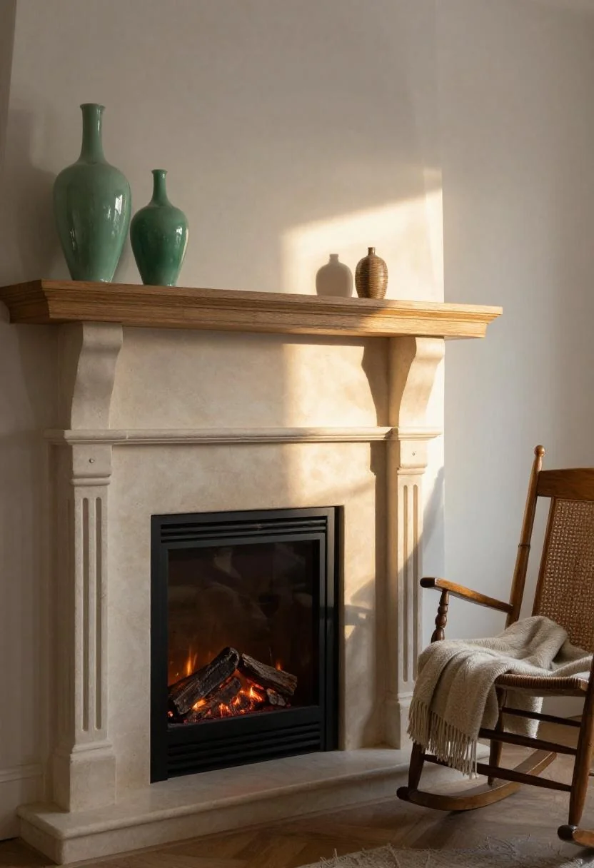 Jade green ceramic vase on an oak mantle beside a classic wooden rocking chair