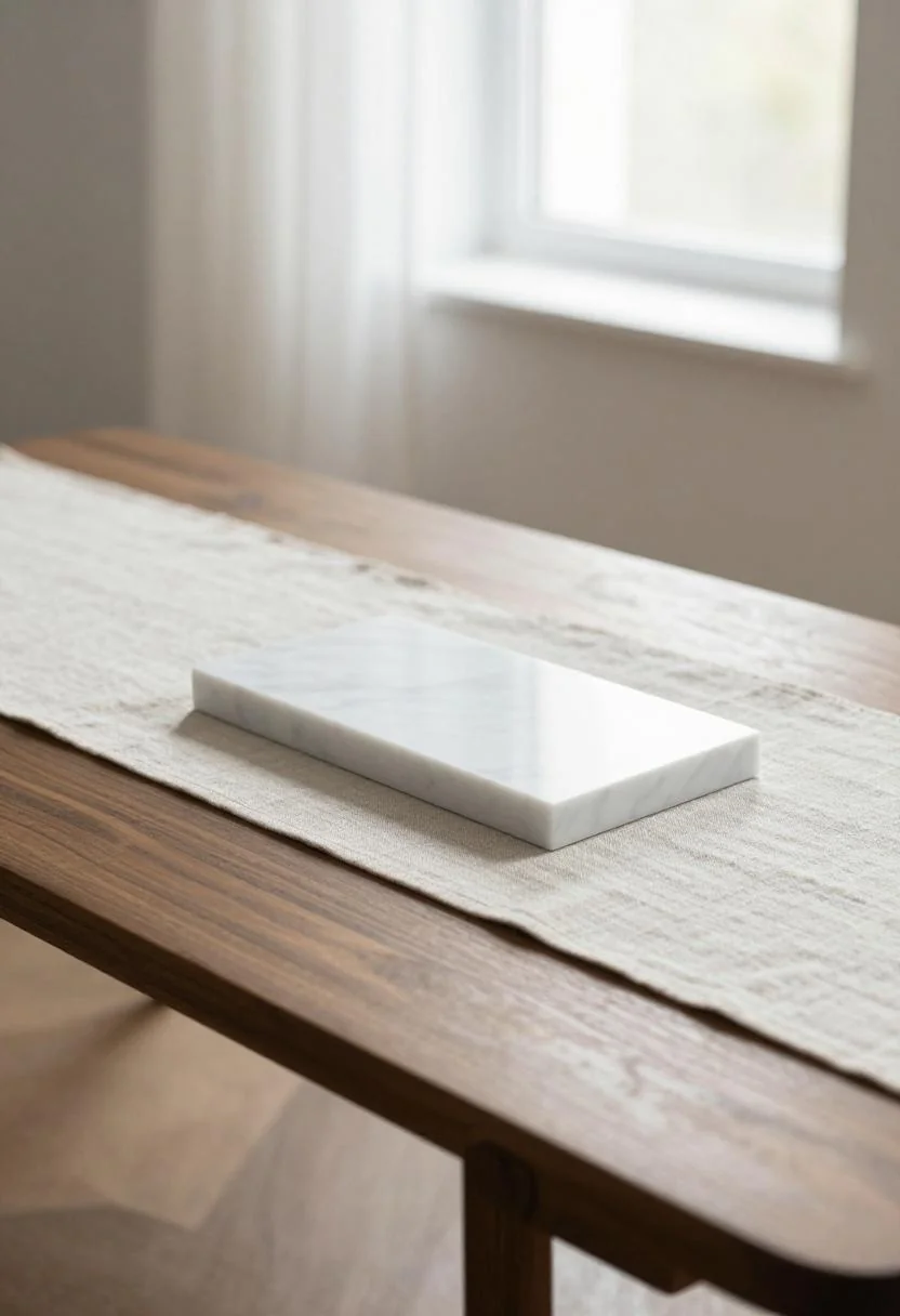 Walnut coffee table with a wasabi linen runner and marble tray in morning light