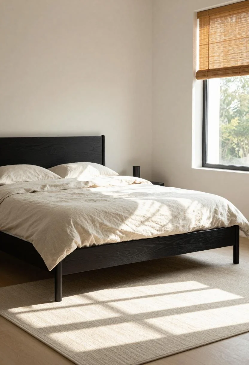 Black oak japandi bed with a wasabi linen duvet in striped afternoon sunlight