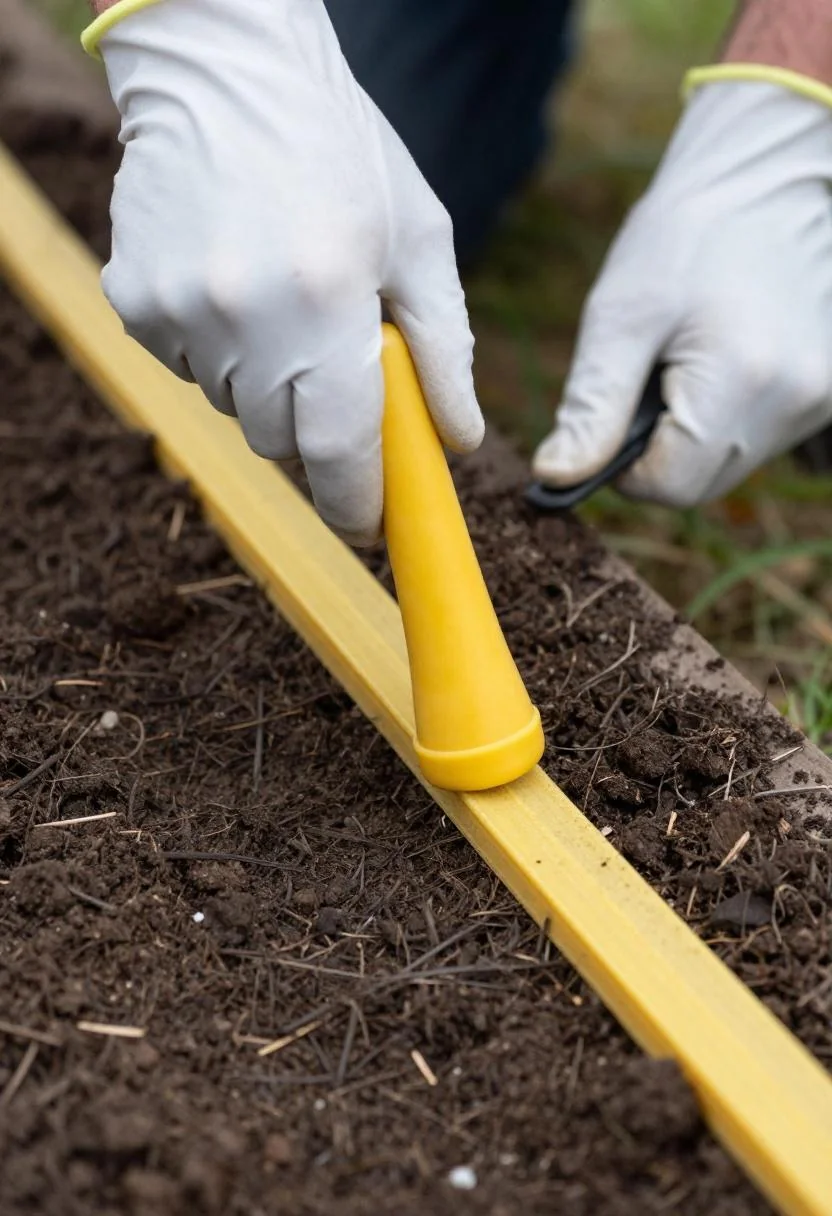 Rubber mallet tapping a plastic edging strip into garden soil from above