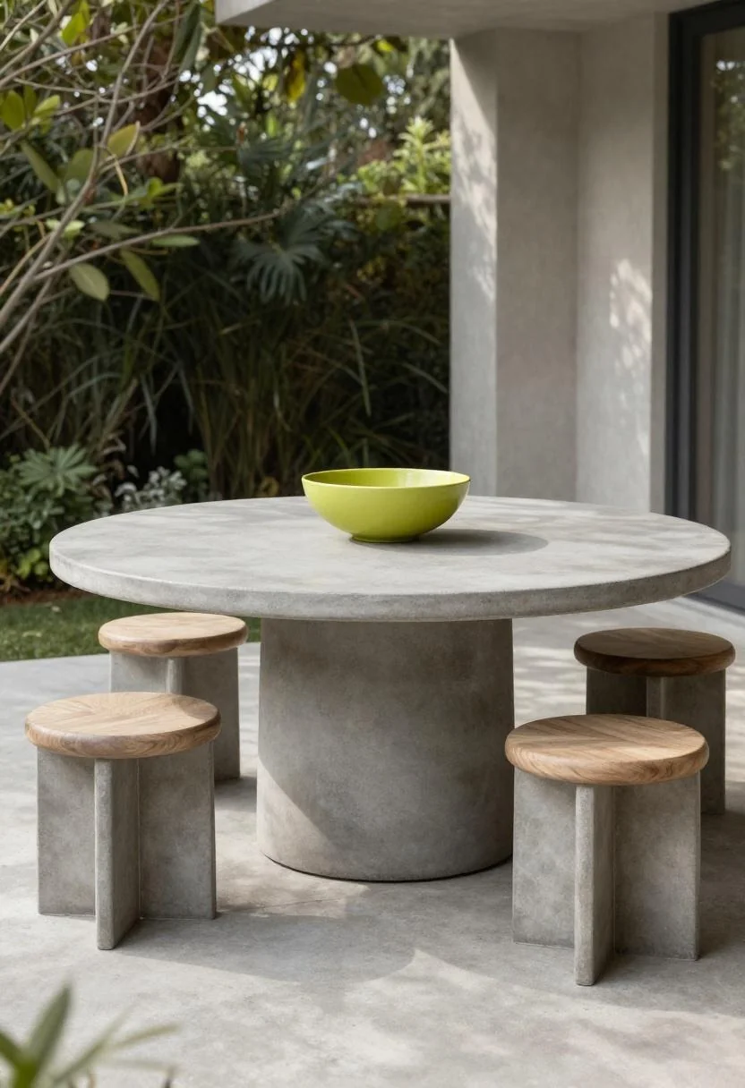 Overhead view of a concrete table with wasabi ceramic bowl and walnut stools on a shaded patio