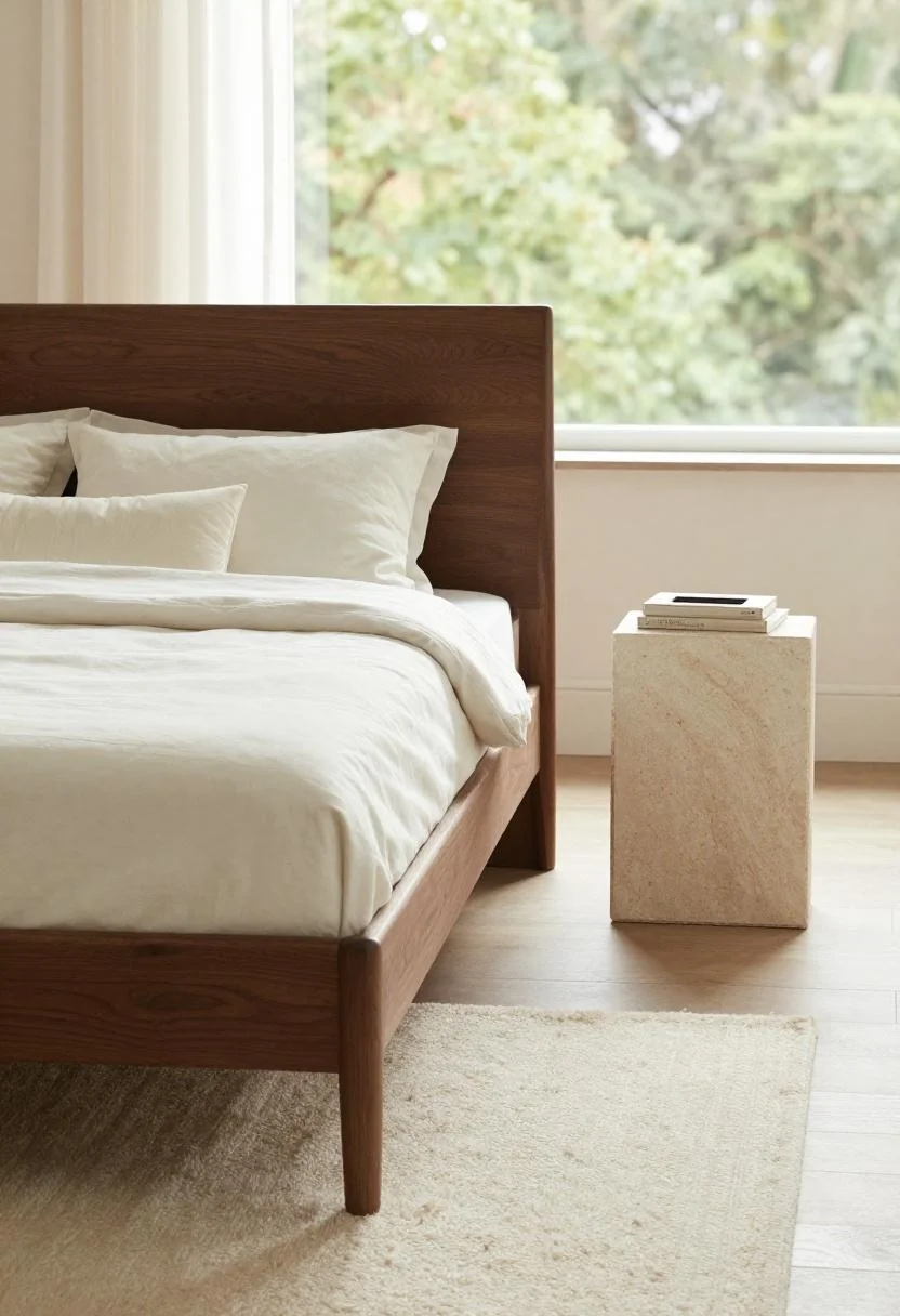 Wasabi silk pillows as a fresh editorial accent on a walnut-framed master suite bed