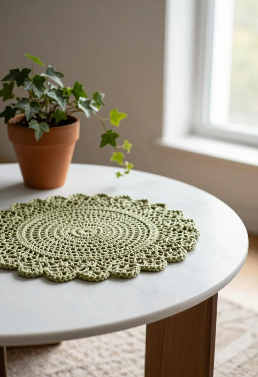Marble coffee table topped with a wasabi crocheted doily and trailing ivy plant