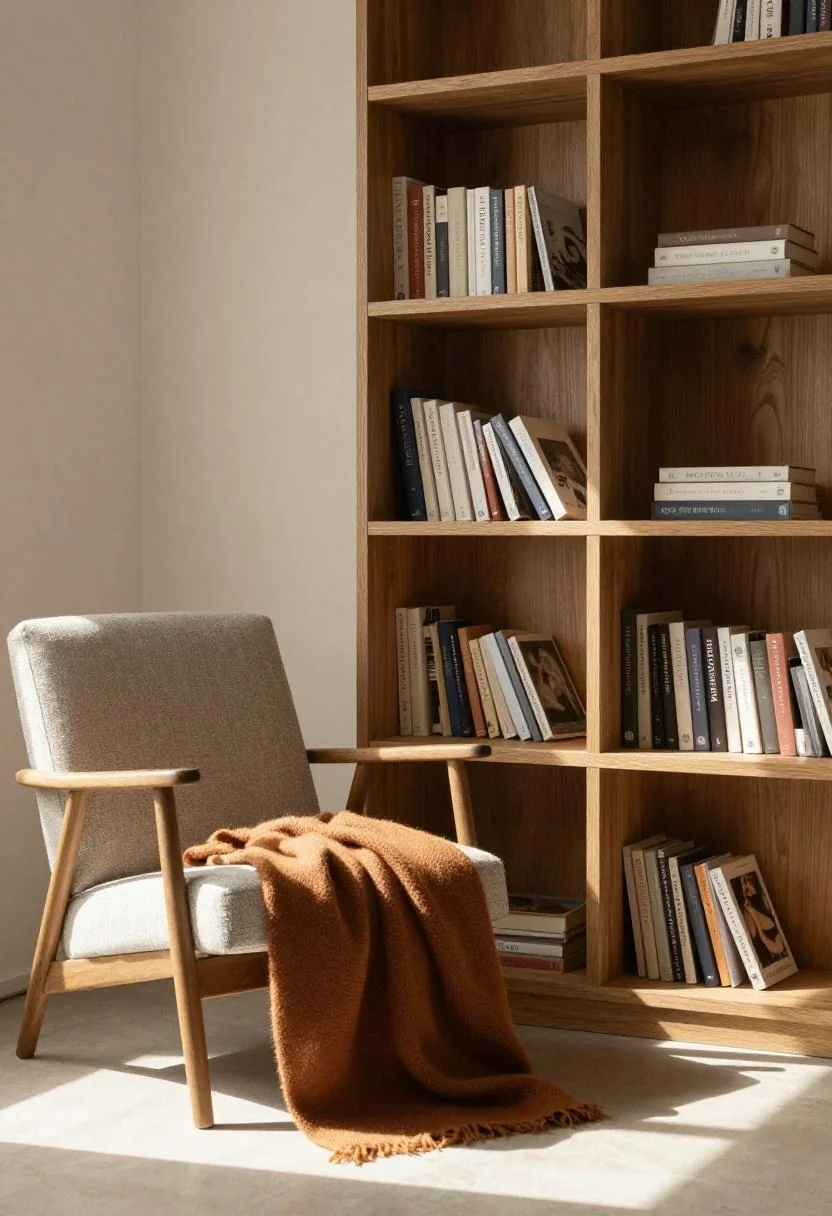 Persimmon wool throw on a reading armchair beside a built-in oak bookshelf