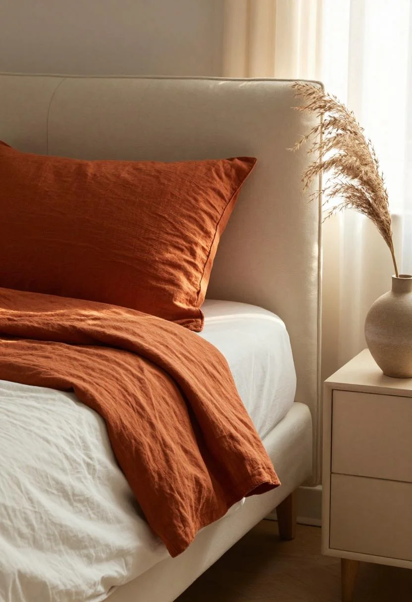 Persimmon linen pillow against a cream upholstered headboard in golden hour light