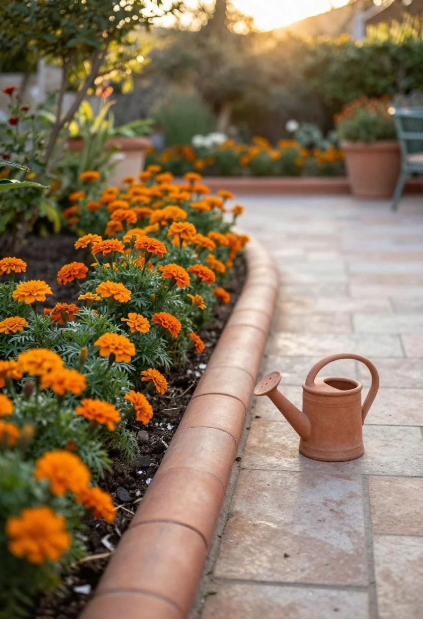Curved terracotta tile edging framing persimmon marigolds along a Mediterranean patio