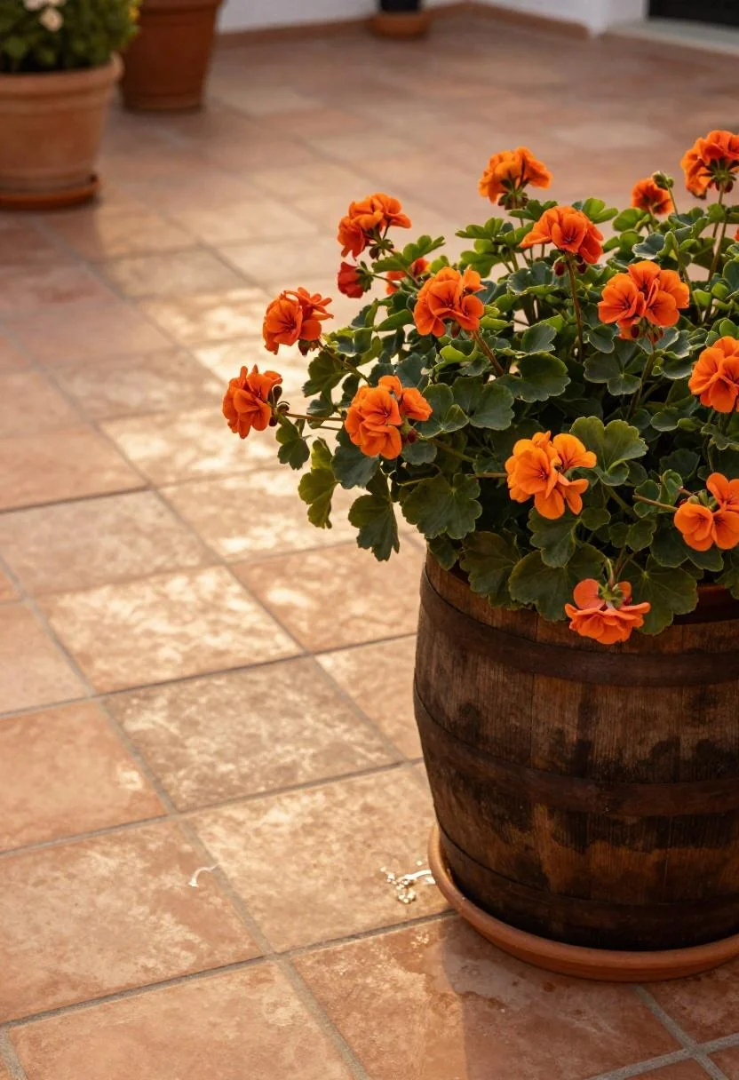 Persimmon geraniums overflowing from a dark stained oak half barrel on a Mediterranean tiled patio