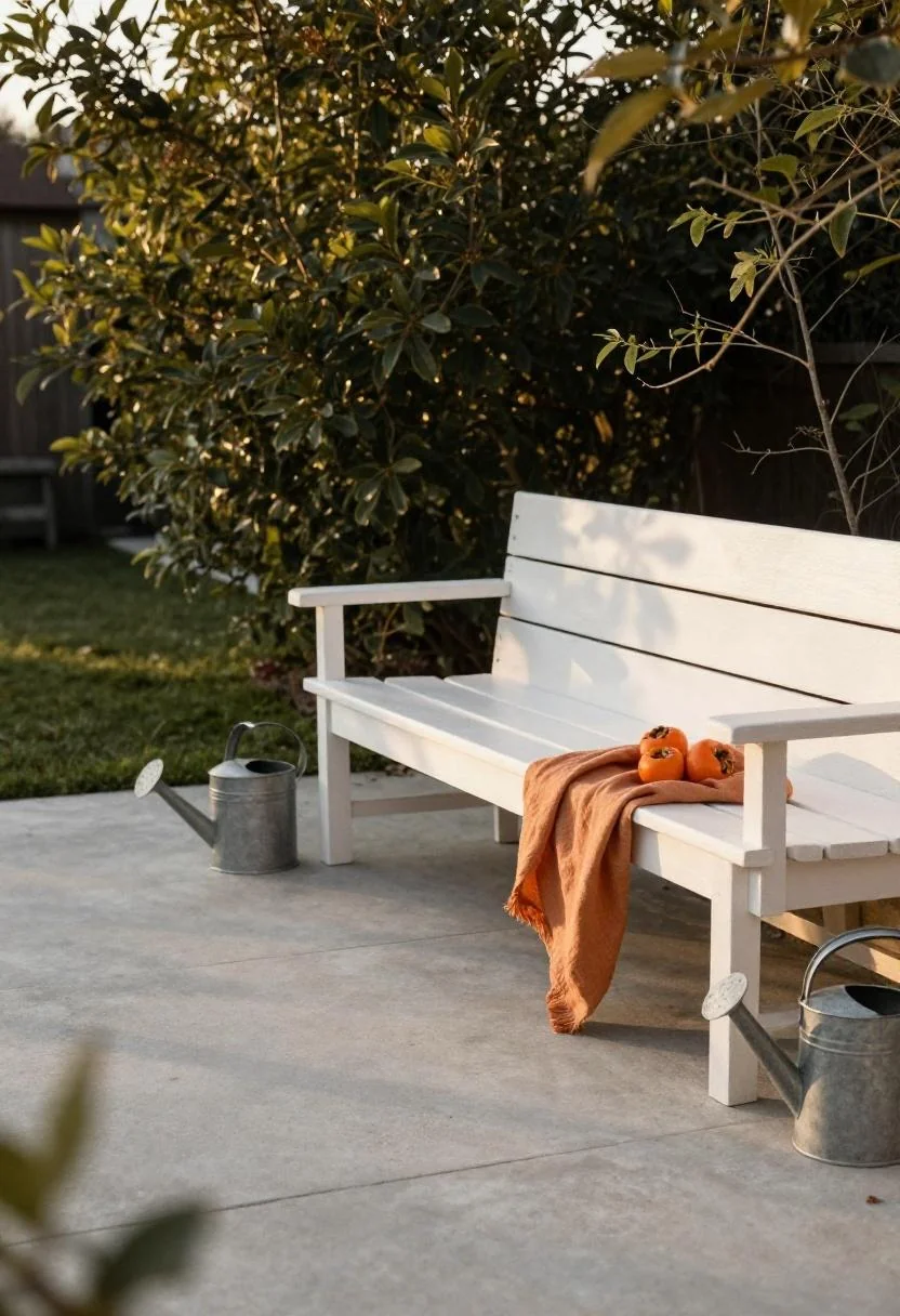 White garden bench with persimmon throw and watering can on a cottage patio at golden hour