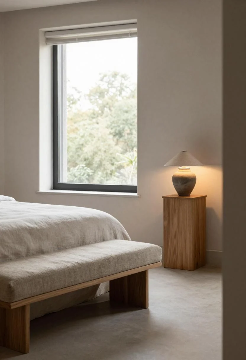 A persimmon linen bench at the bed's foot adding a bold grounded accent to the master retreat