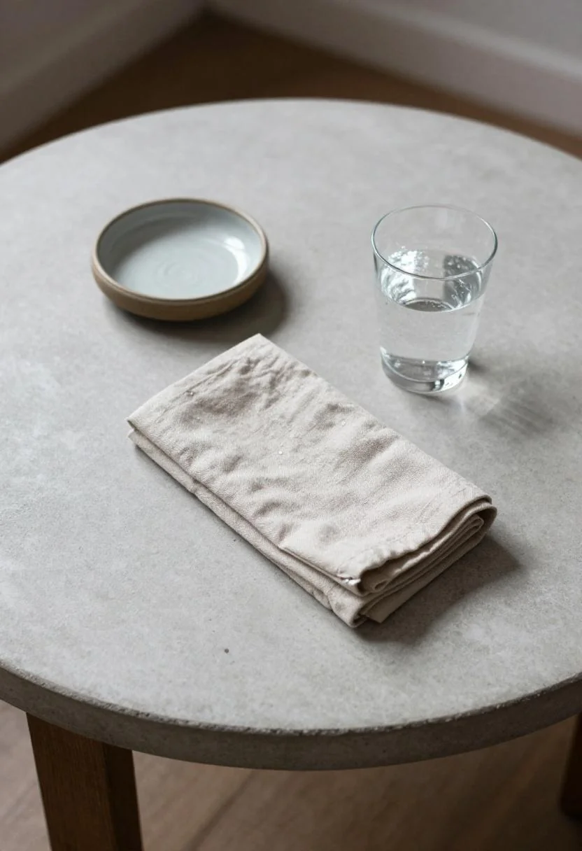 Persimmon linen napkin and ceramic olive dish on a concrete coffee table evoking a casual Italian summer aperitivo