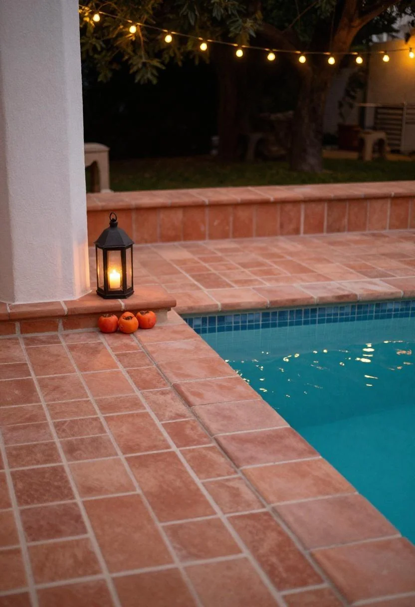 Persimmon terracotta tile border and iron lantern on a Mediterranean pool deck at dusk