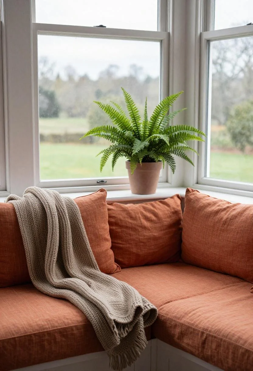 Persimmon linen window seat nook with a potted fern sitting in gentle soft daylight