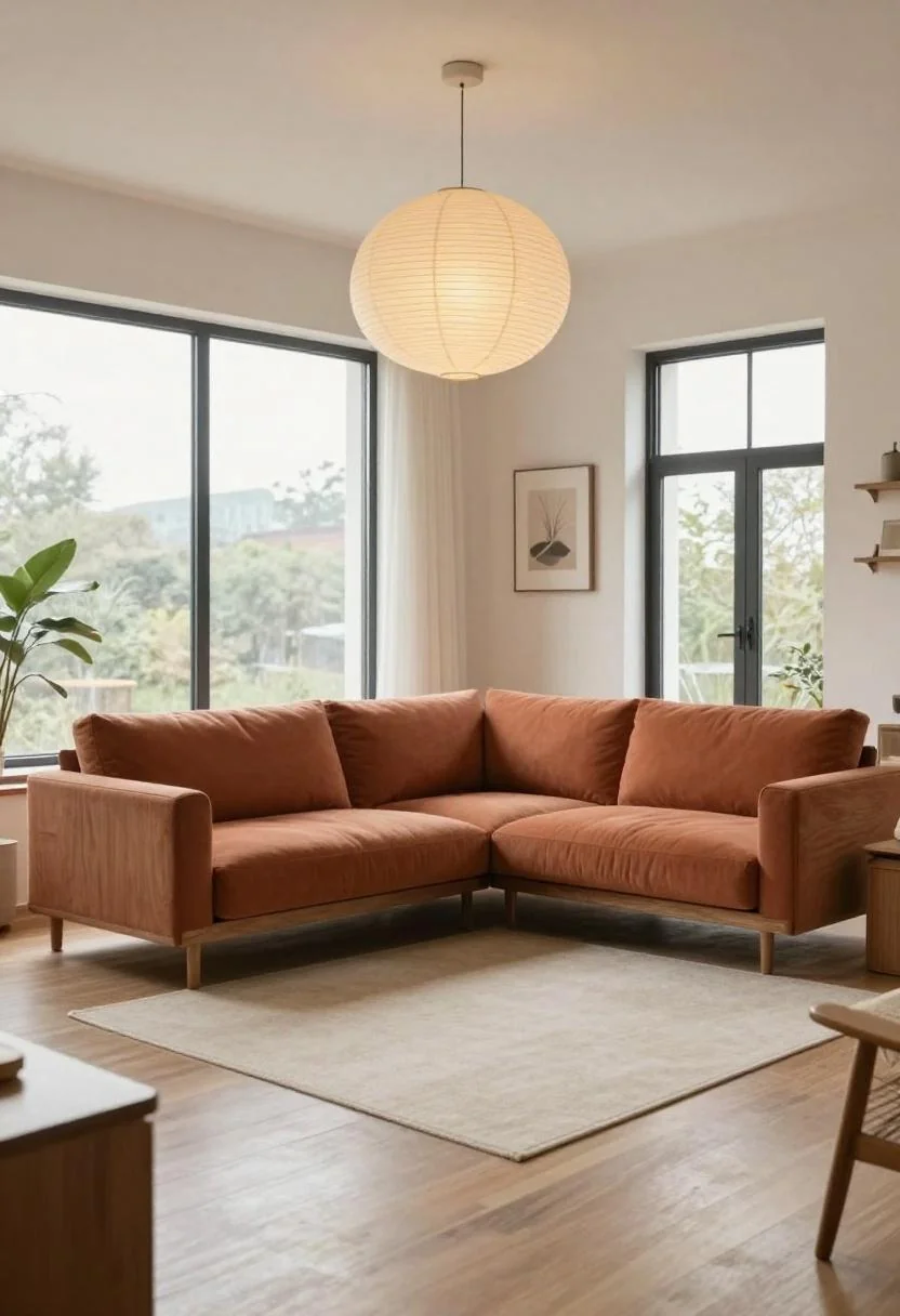 Low walnut sofa in warm terracotta boucle beneath a paper lantern in a Japandi room