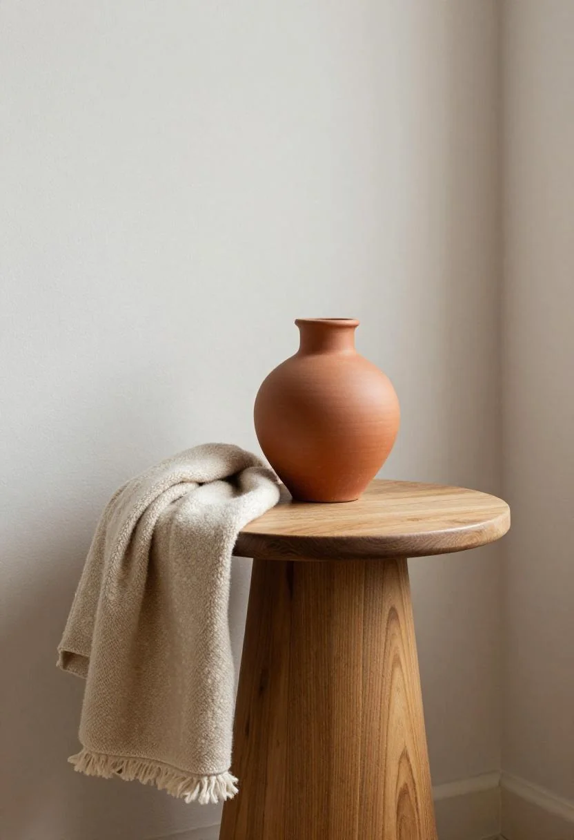 Terracotta ceramic vase on an oak side table with a folded wool blanket accent