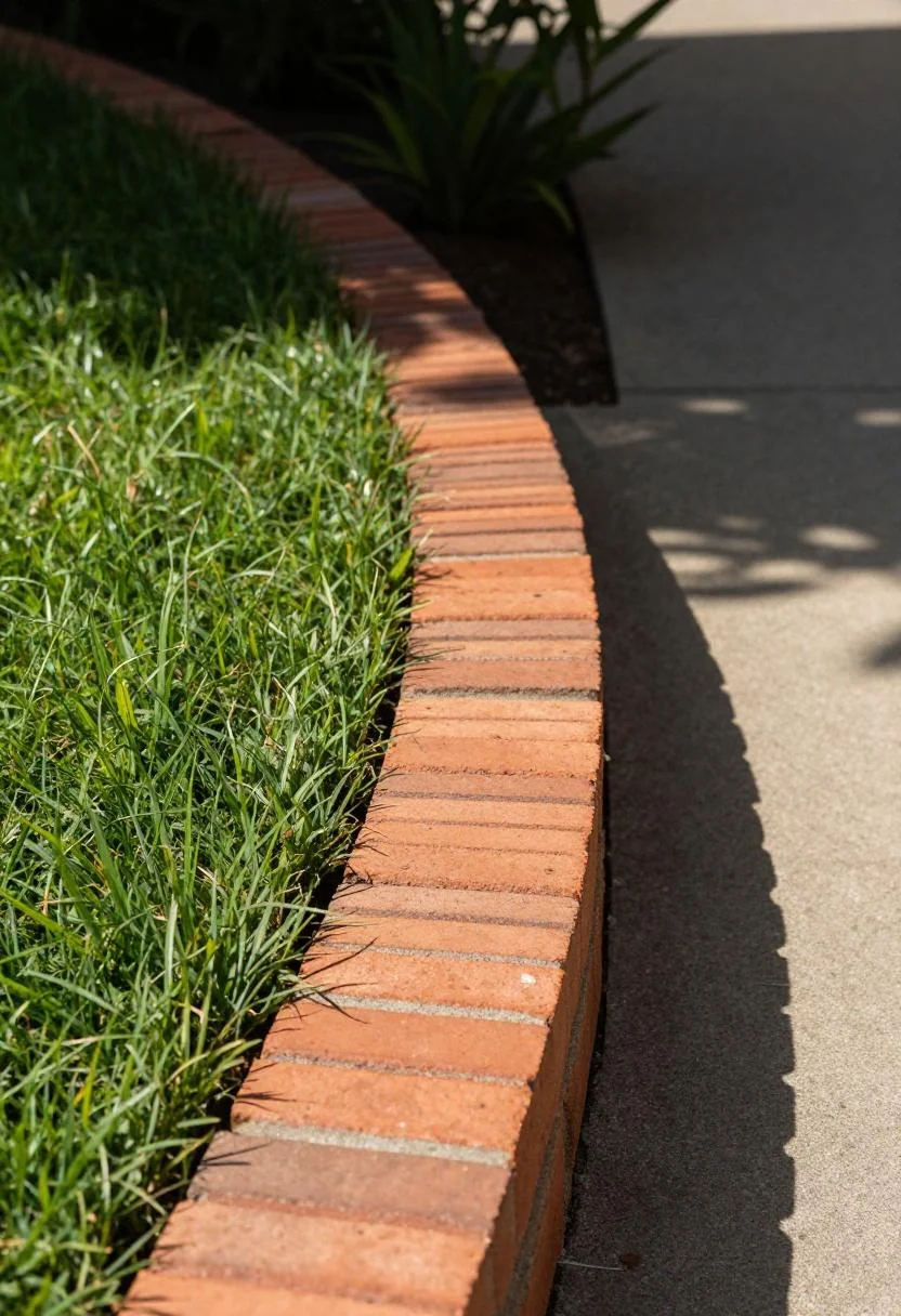 Terracotta brick edging row set flush at lawn level with crisp morning shadows