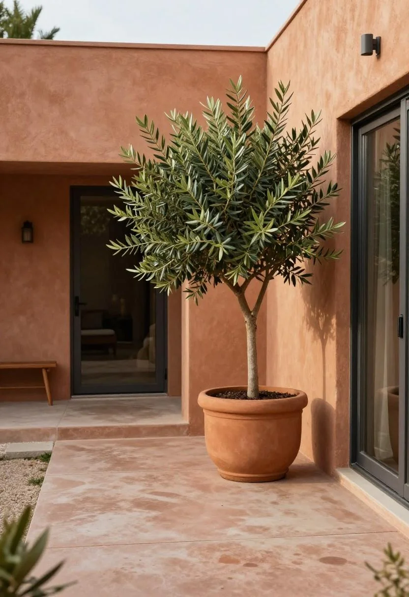 Stamped concrete patio with a terracotta olive tree planter beside a glass door at midday