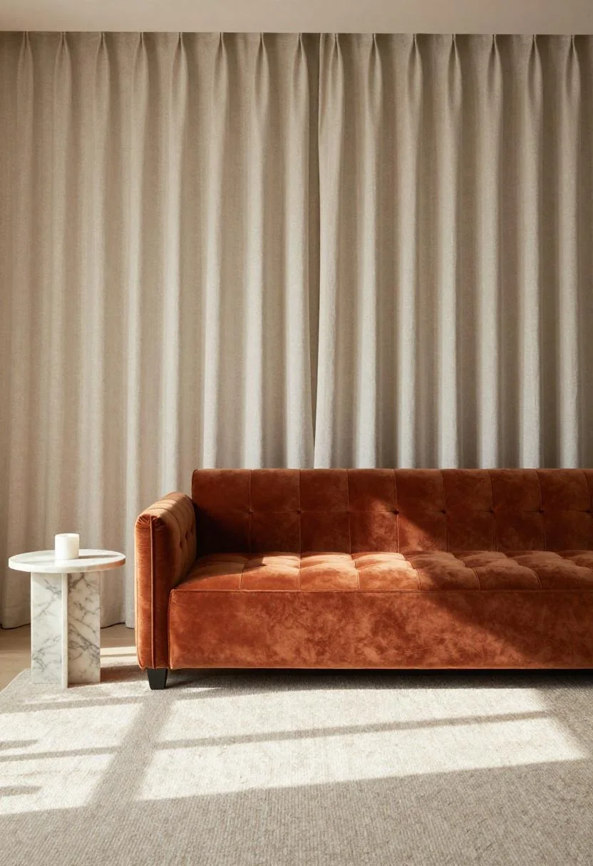 A terracotta velvet chaise longue anchoring a sunlit master suite seating nook beside flowing linen drapes