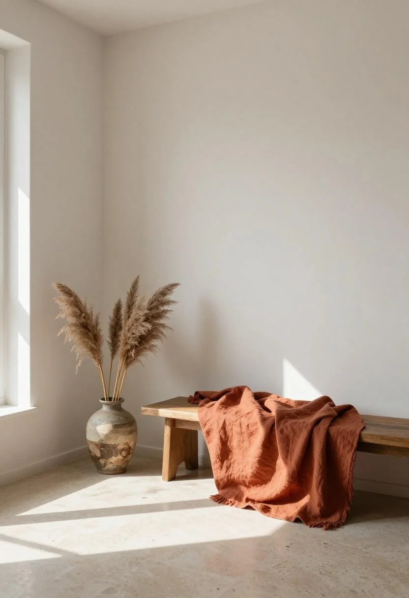 Terracotta linen throw on an oak bench beside dried pampas grass in warm afternoon light