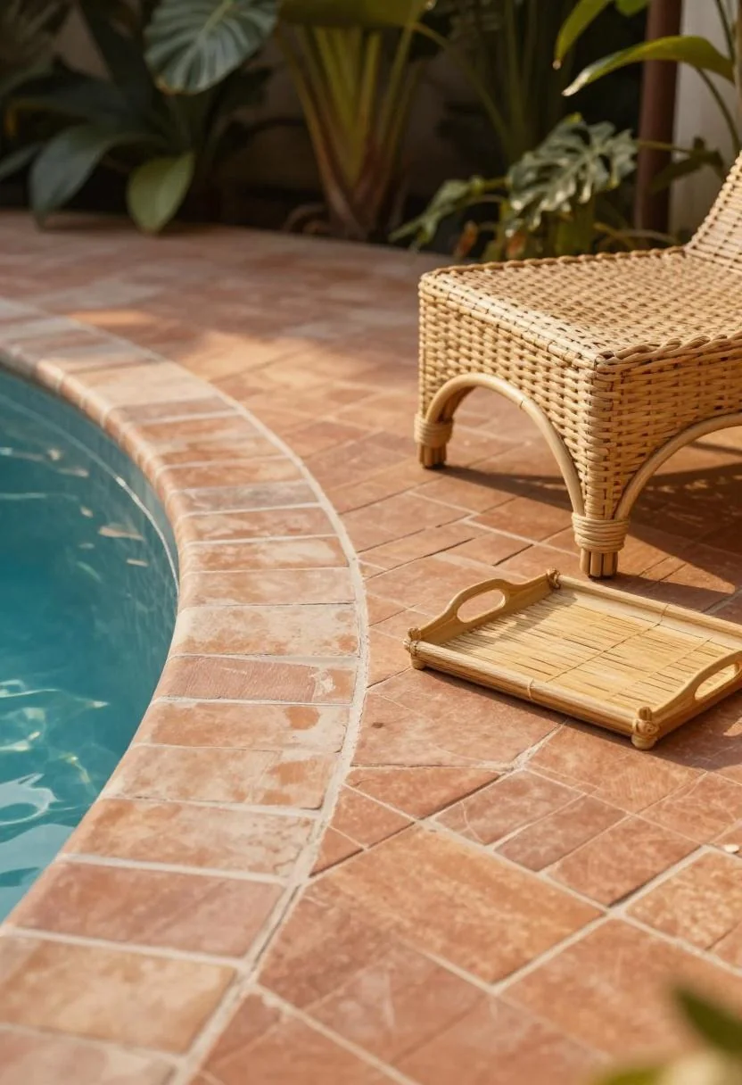 Herringbone terracotta pavers and rattan side table on a tropical pool deck at golden hour