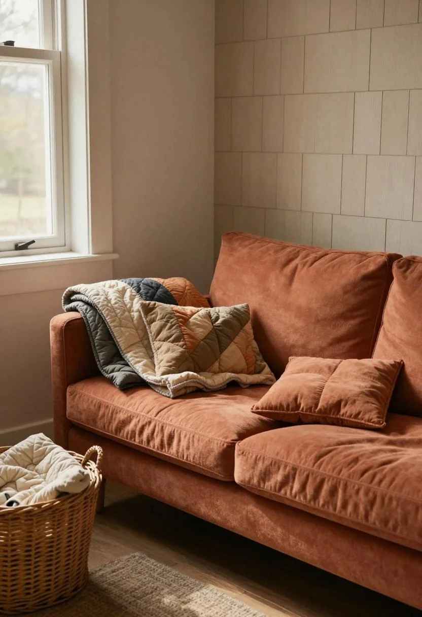 Warm terracotta cotton sofa with a wicker quilt basket sitting beside it