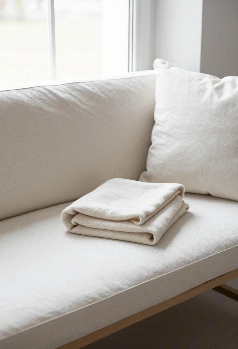 Cream linen window seat with a folded merino blanket in soft Scandinavian light